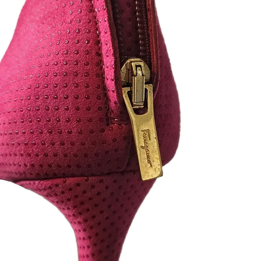 Salvatore Ferragamo Hot Pink Suede Open Toe Bow Accent Stiletto Heels Size 5.5 C